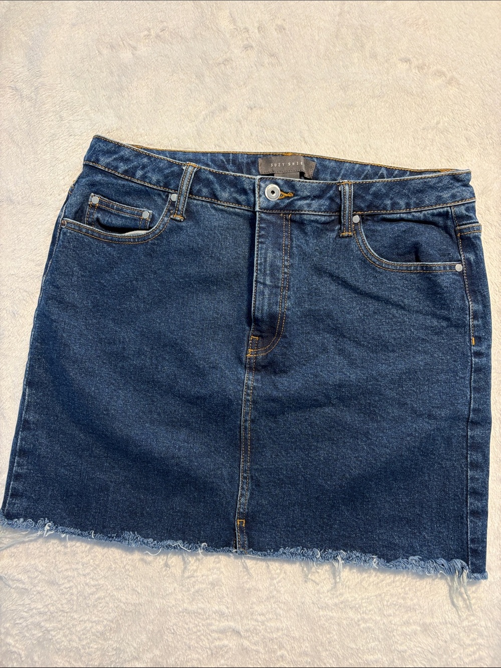 Suzy shier Indigo Denim Mini Skirt with Raw Hem